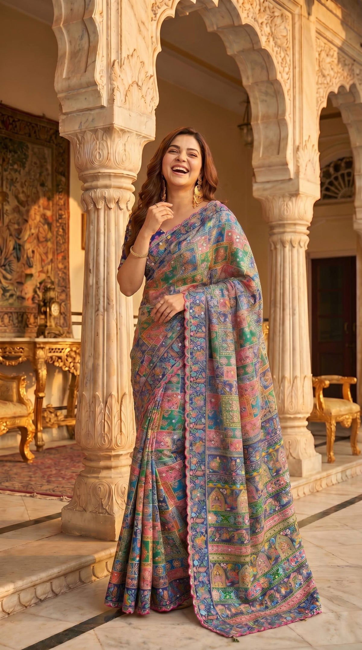Royal Multicolor Ajrakh Print Designer Saree with Elegant Floral Border
