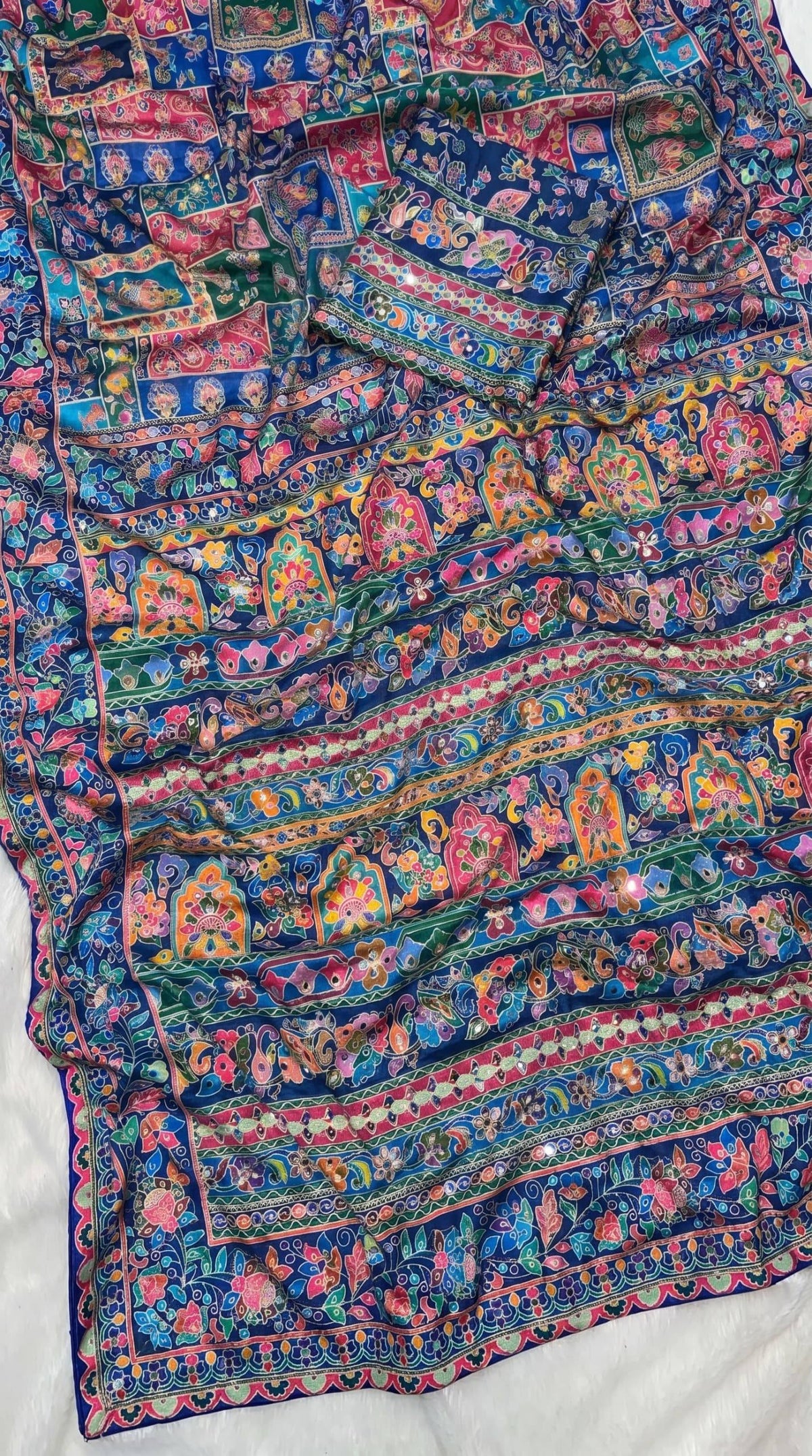 Royal Multicolor Ajrakh Print Designer Saree with Elegant Floral Border