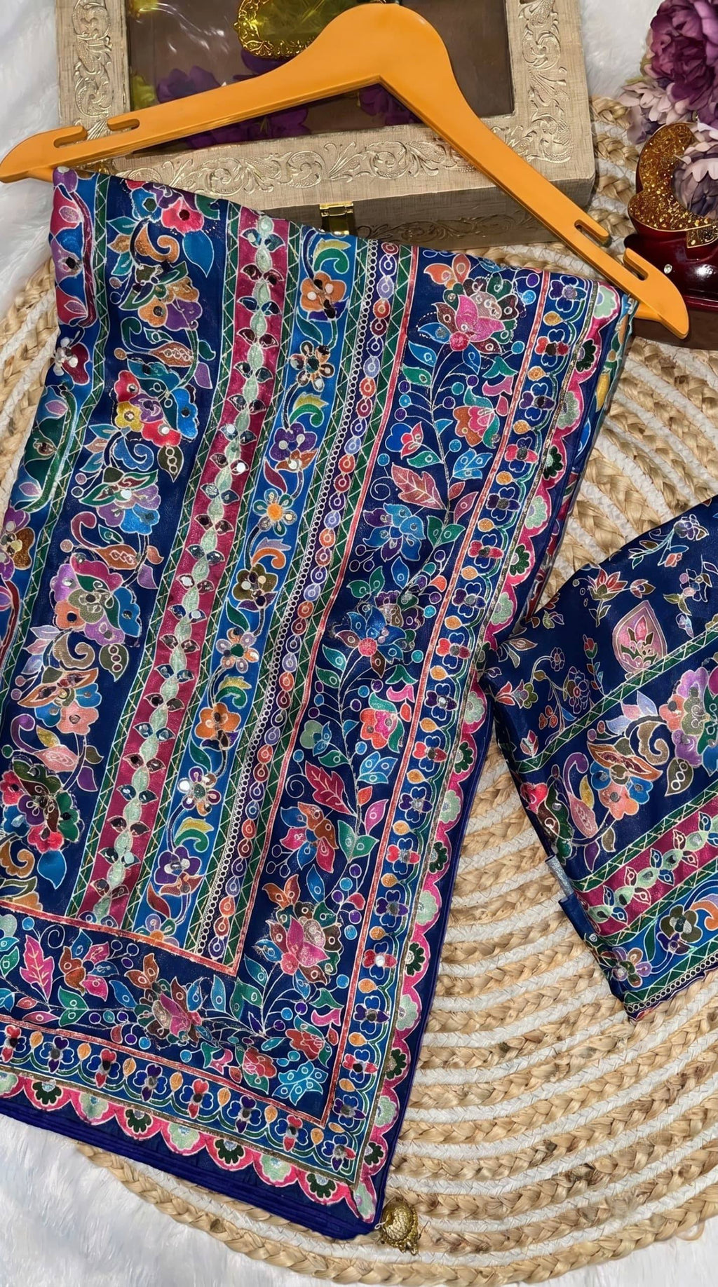 Royal Multicolor Ajrakh Print Designer Saree with Elegant Floral Border