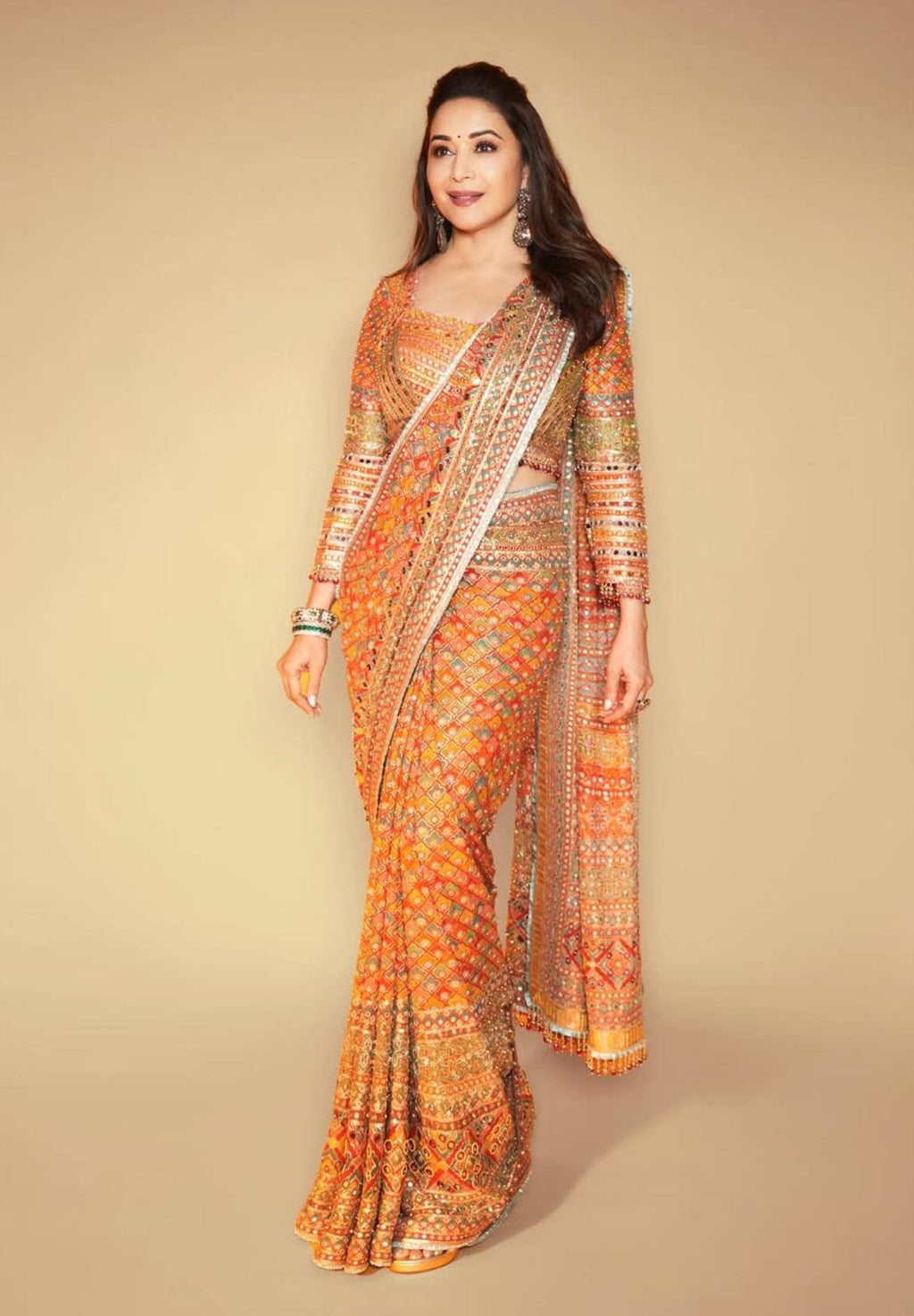 Orange Multicolor Traditional Designer Saree with Intricate Handwork, Embellished Border & Matching Blouse