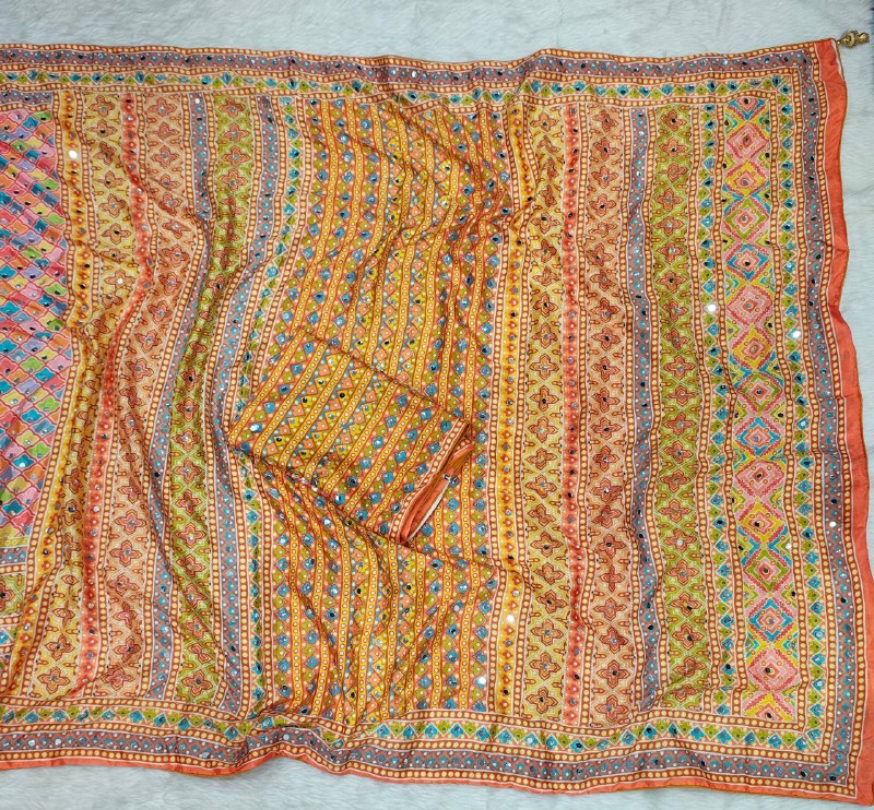 Orange Multicolor Traditional Designer Saree with Intricate Handwork, Embellished Border & Matching Blouse