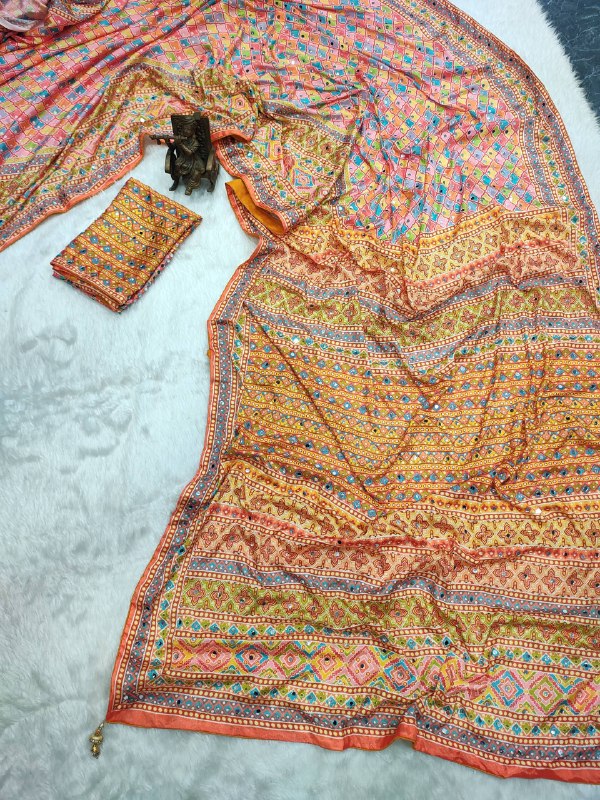 Orange Multicolor Traditional Designer Saree with Intricate Handwork, Embellished Border & Matching Blouse