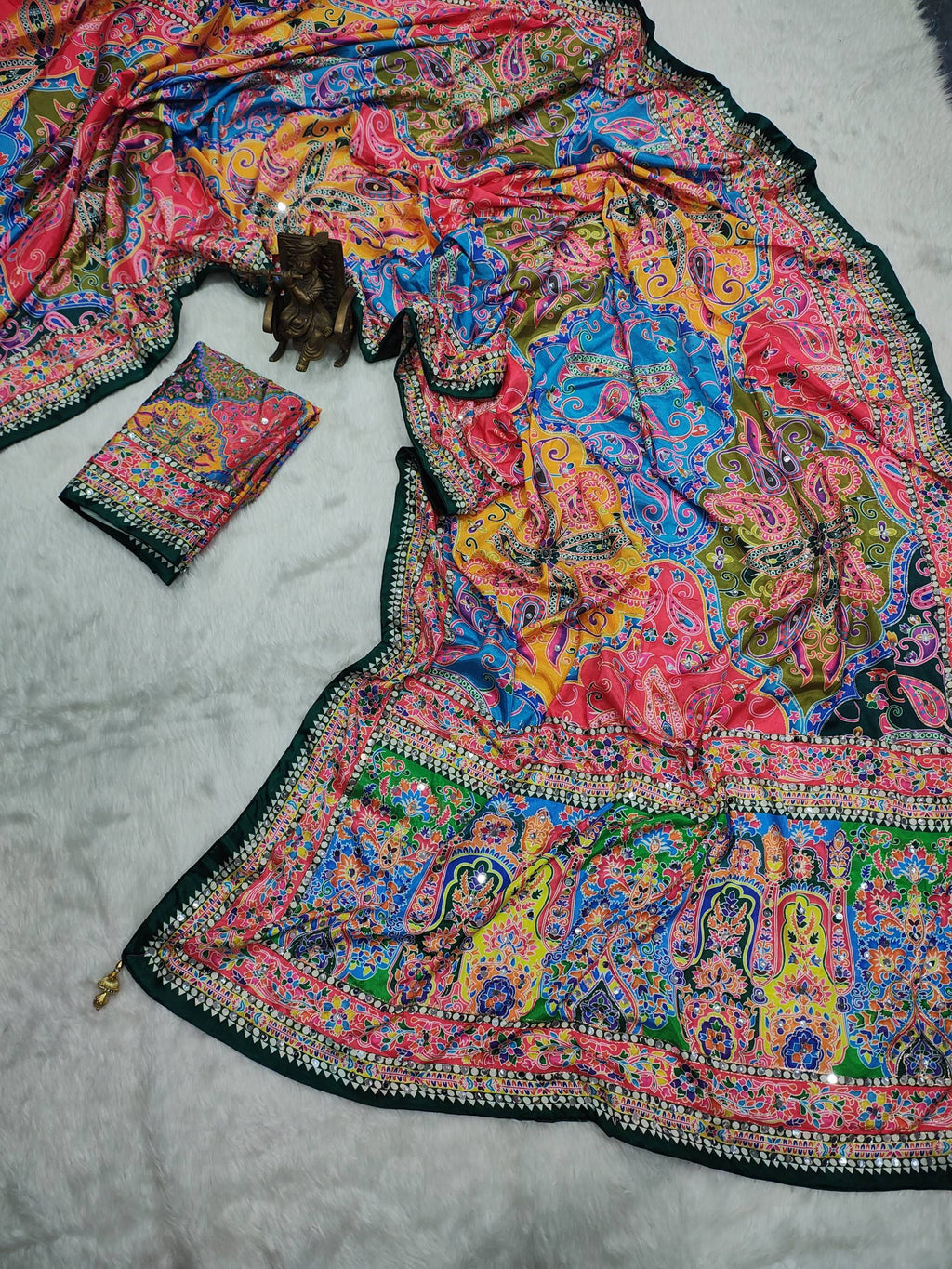 Premium Multicolor Ajrakh Print Mirror Work Designer Saree for Women | Festive Wear Collection