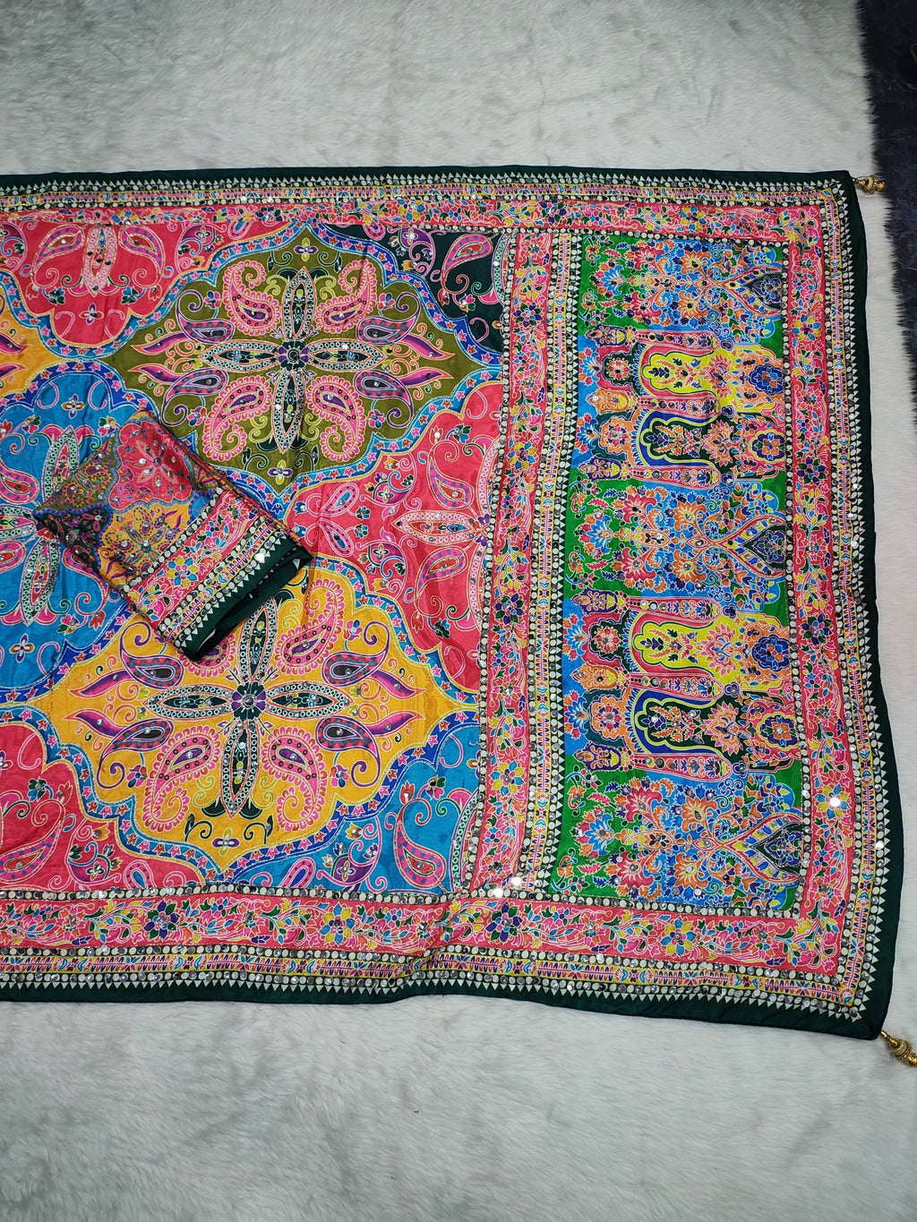 Premium Multicolor Ajrakh Print Mirror Work Designer Saree for Women | Festive Wear Collection