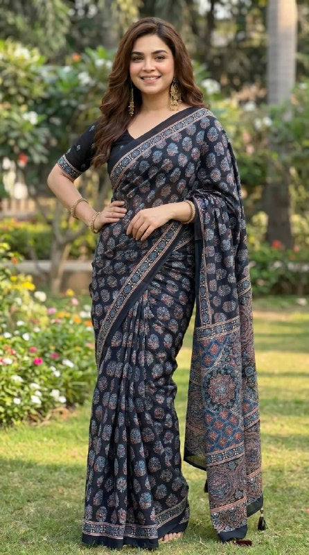 Elegant Ethnic Ajrakh Printed Saree with Contrast Border & Designer Pallu