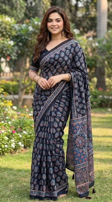 Elegant Ethnic Ajrakh Printed Saree with Contrast Border & Designer Pallu