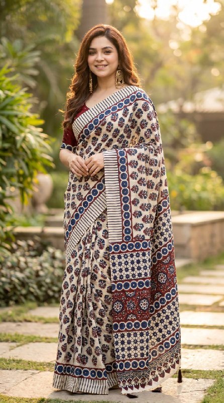 Elegant Ethnic Ajrakh Printed Saree with Contrast Border & Designer Pallu