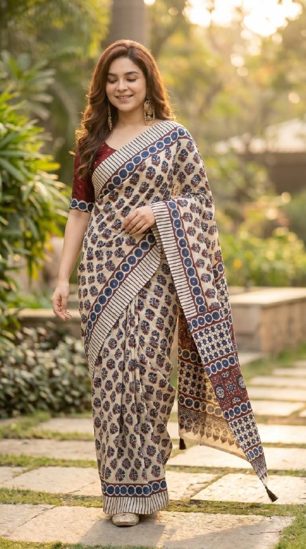 Elegant Ethnic Ajrakh Printed Saree with Contrast Border & Designer Pallu
