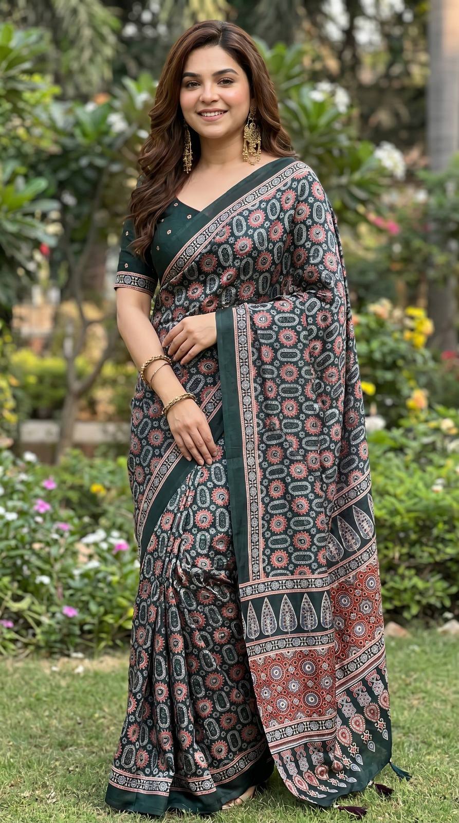 Elegant Ethnic Ajrakh Printed Saree with Contrast Border & Designer Pallu