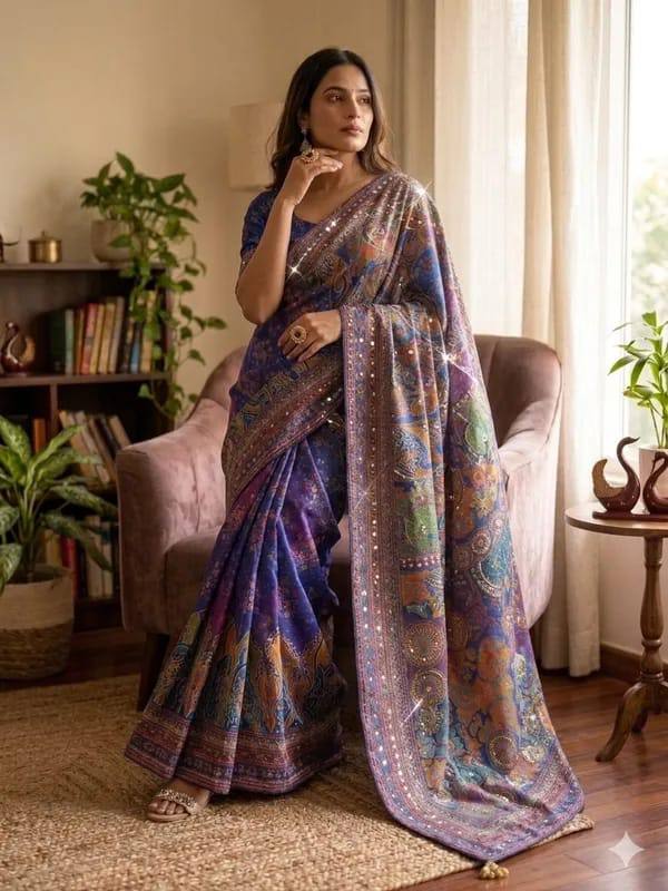 Premium Royal Blue & Purple Pichwai Print Designer Saree with Embellished Border