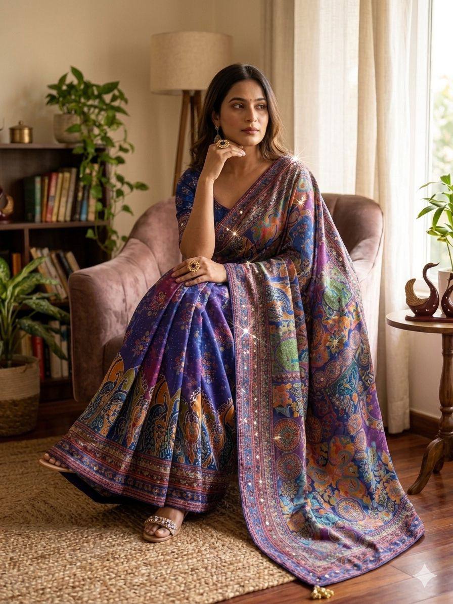 Premium Royal Blue & Purple Pichwai Print Designer Saree with Embellished Border