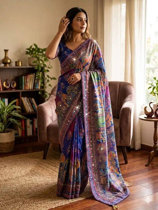 Premium Royal Blue & Purple Pichwai Print Designer Saree with Embellished Border