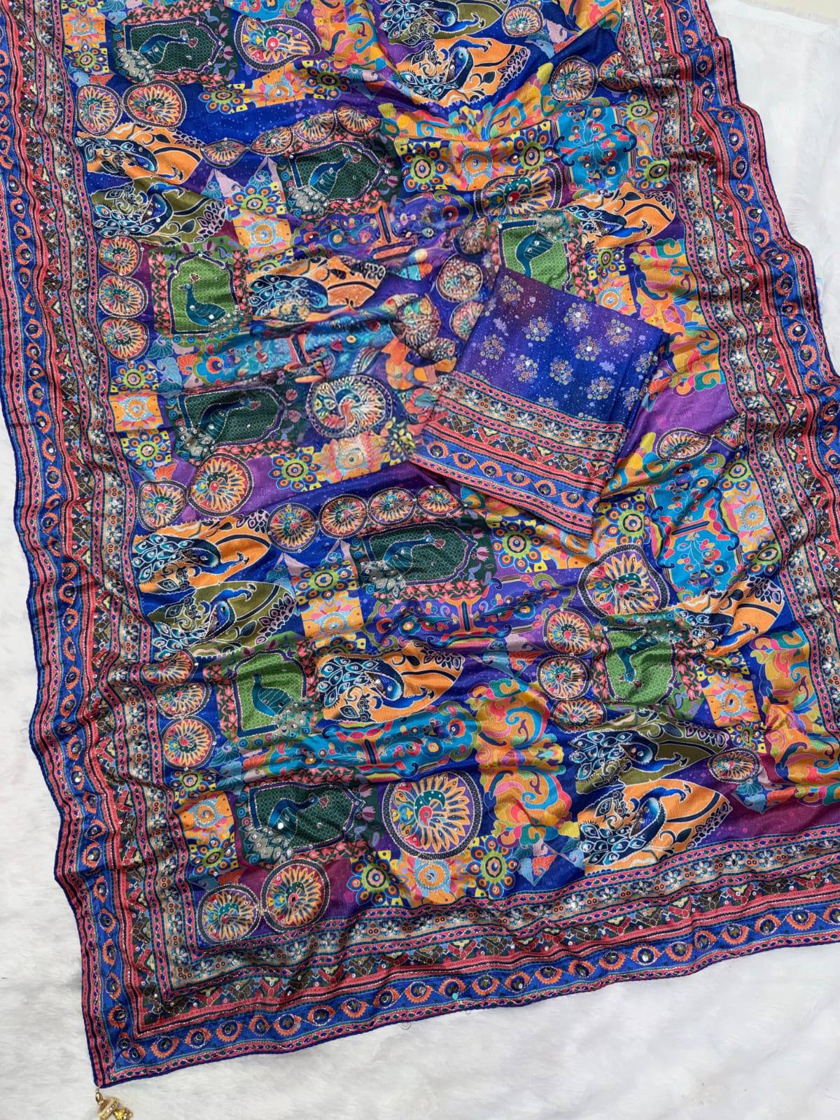 Premium Royal Blue & Purple Pichwai Print Designer Saree with Embellished Border
