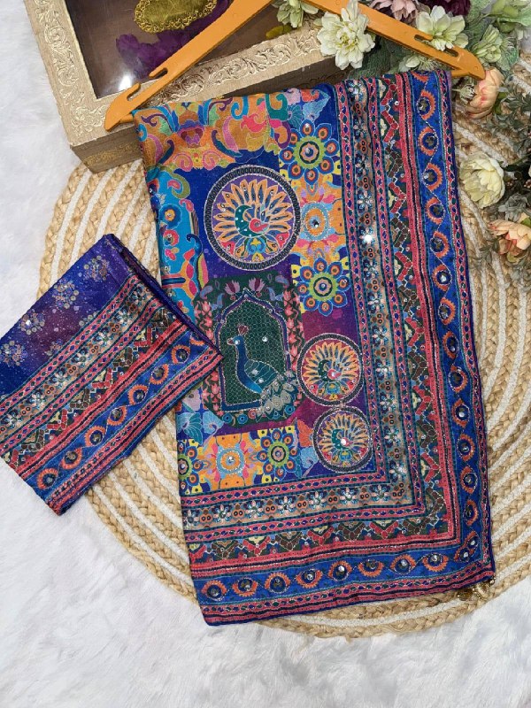 Premium Royal Blue & Purple Pichwai Print Designer Saree with Embellished Border