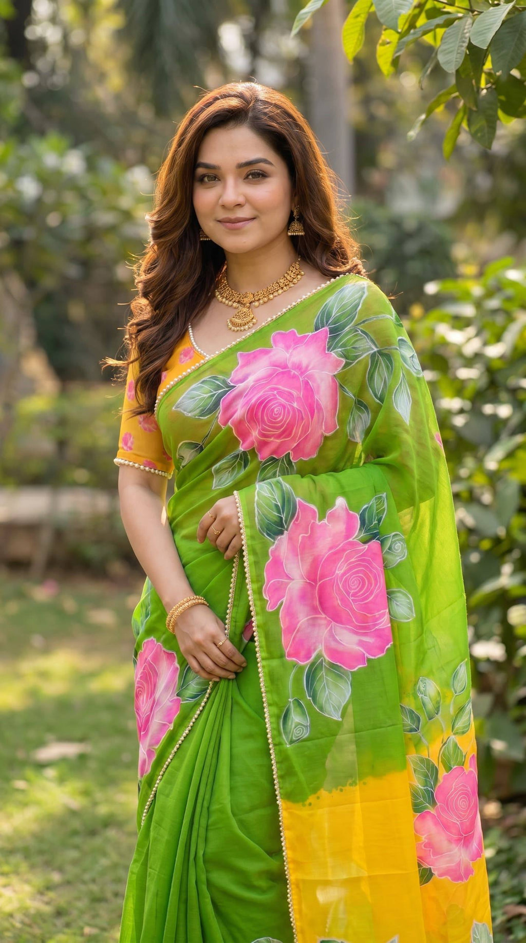 Premium Soft Georgette Floral Digital Print Saree with Pearl Lace Border
