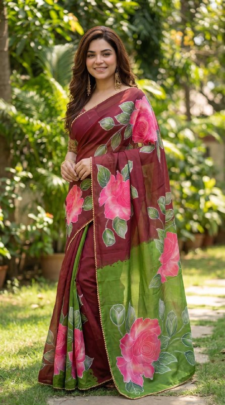 Premium Soft Georgette Floral Digital Print Saree with Pearl Lace Border