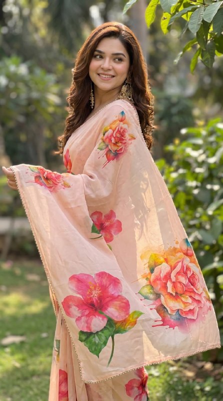 Premium Soft Georgette Floral Digital Print Saree with Pearl Lace Border