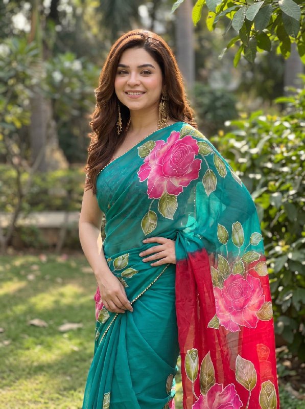 Premium Soft Georgette Floral Digital Print Saree with Pearl Lace Border