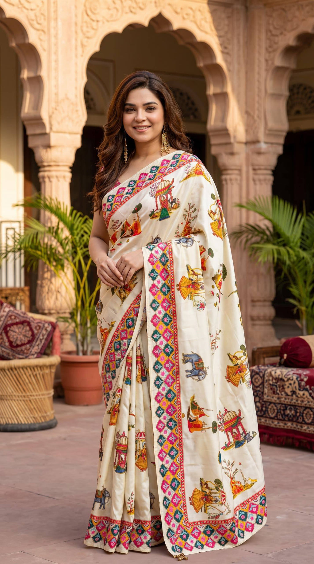 Royal Rajwadi Digital Print Saree with Multicolor Traditional Border