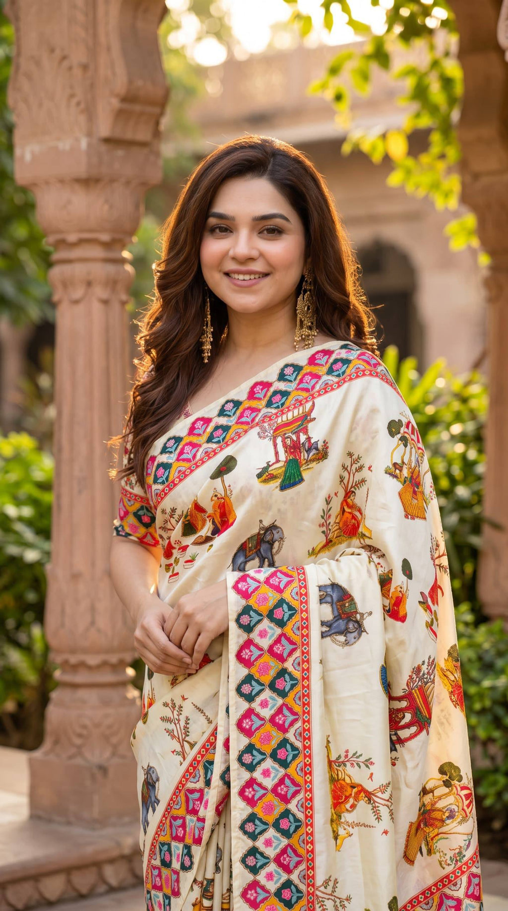 Royal Rajwadi Digital Print Saree with Multicolor Traditional Border