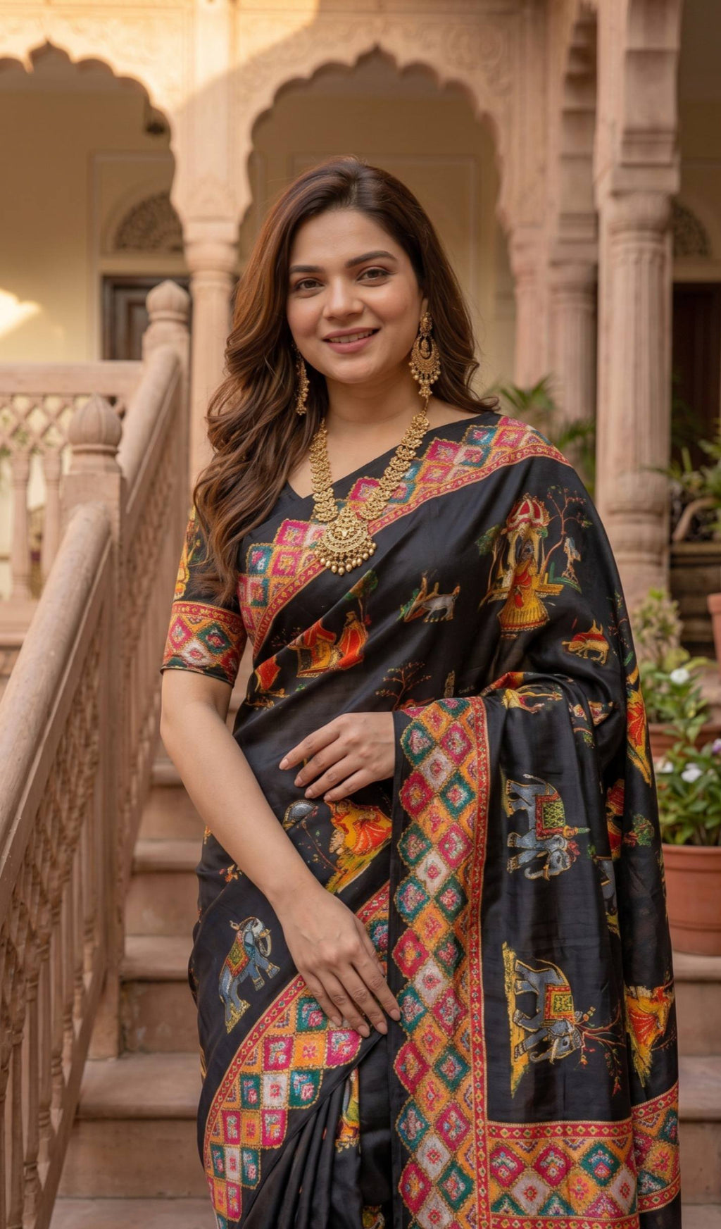 Royal Rajwadi Digital Print Saree with Multicolor Traditional Border