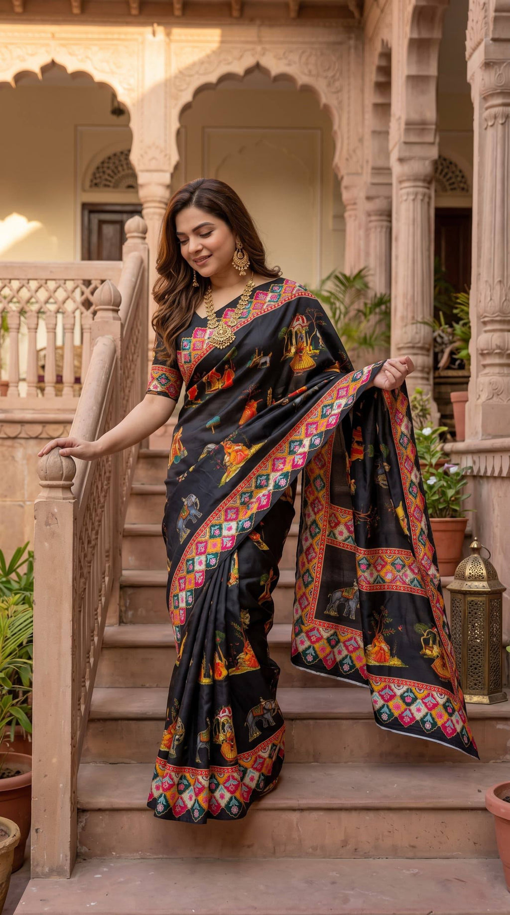 Royal Rajwadi Digital Print Saree with Multicolor Traditional Border