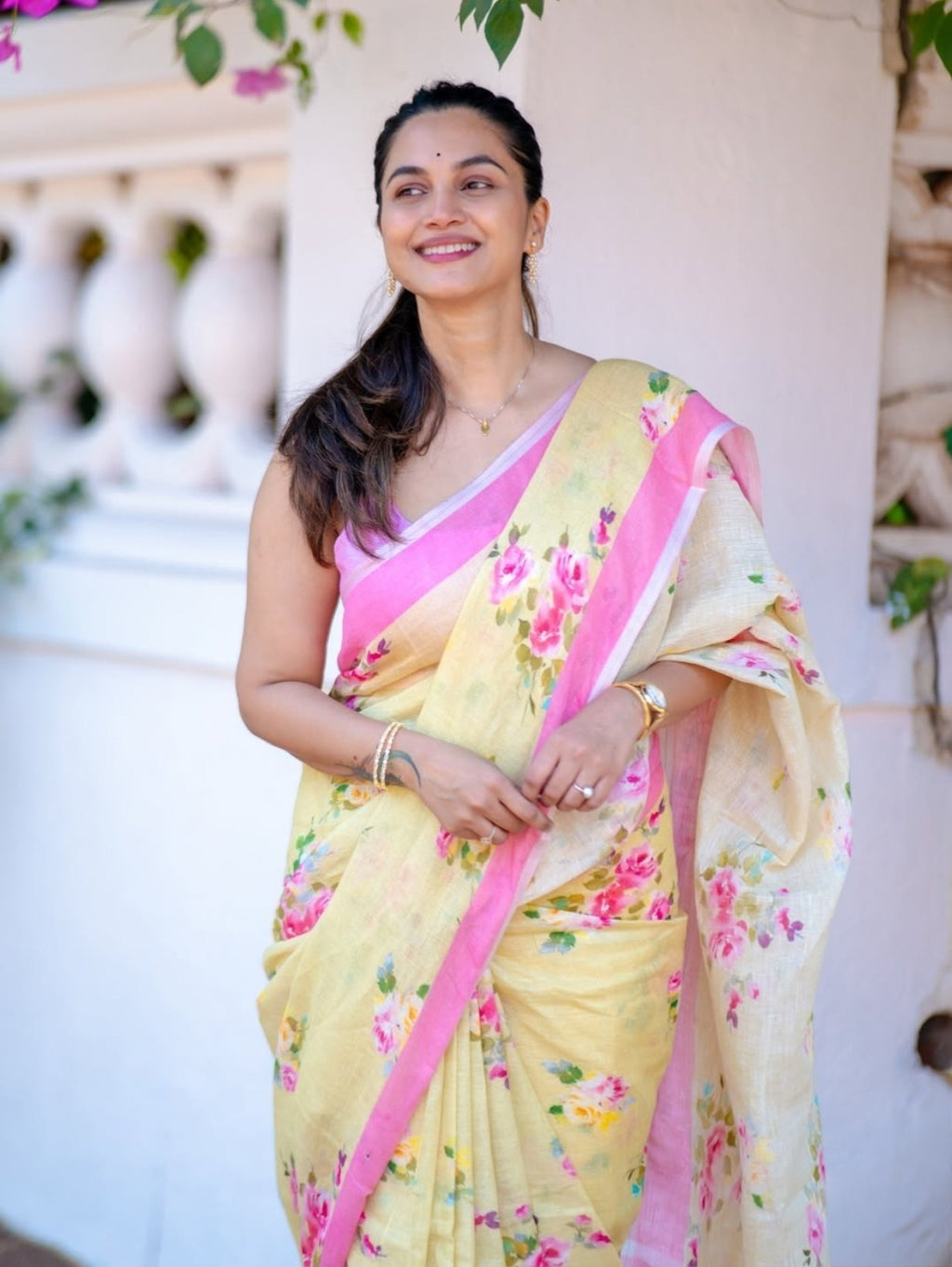 Premium Floral Digital Print Linen Saree