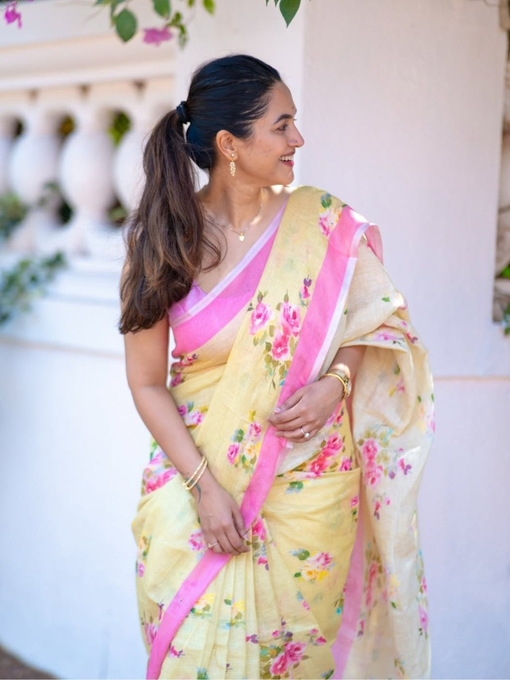 Premium Floral Digital Print Linen Saree