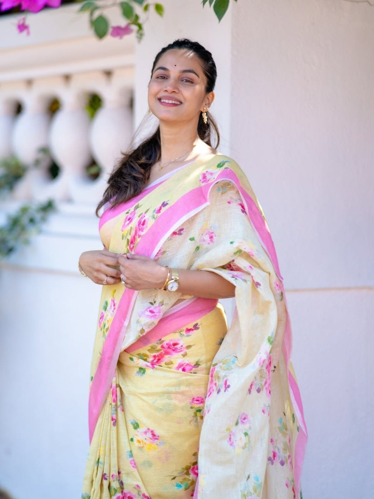 Premium Floral Digital Print Linen Saree