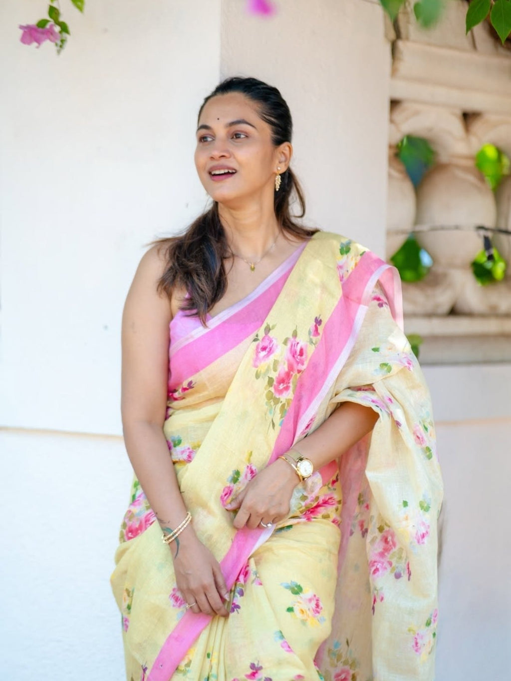 Premium Floral Digital Print Linen Saree