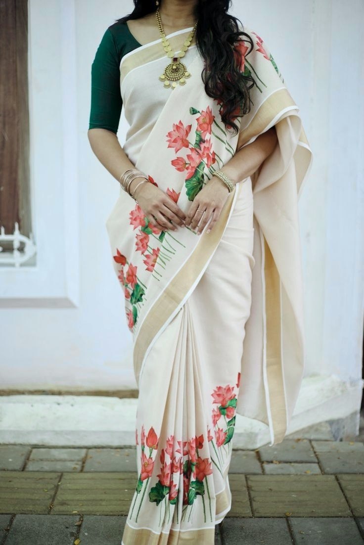 Premium Red Floral Printed Linen Saree