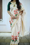 Premium Red Floral Printed Linen Saree