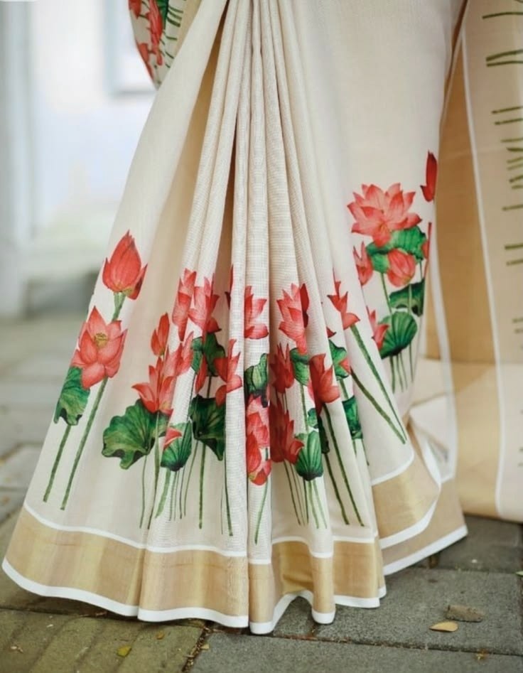 Premium Red Floral Printed Linen Saree