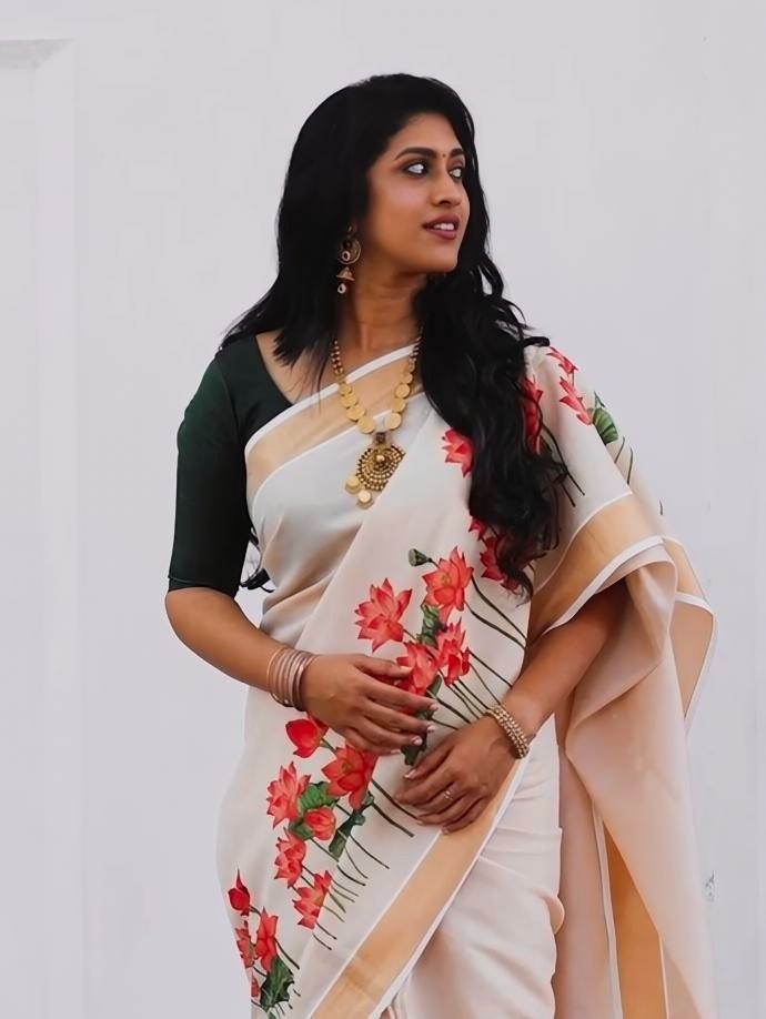 Premium Red Floral Printed Linen Saree