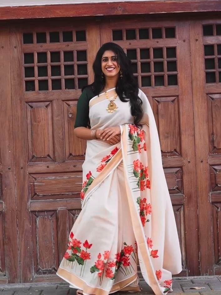 Premium Red Floral Printed Linen Saree
