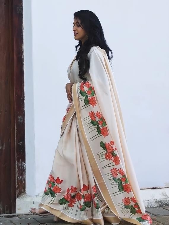 Premium Red Floral Printed Linen Saree