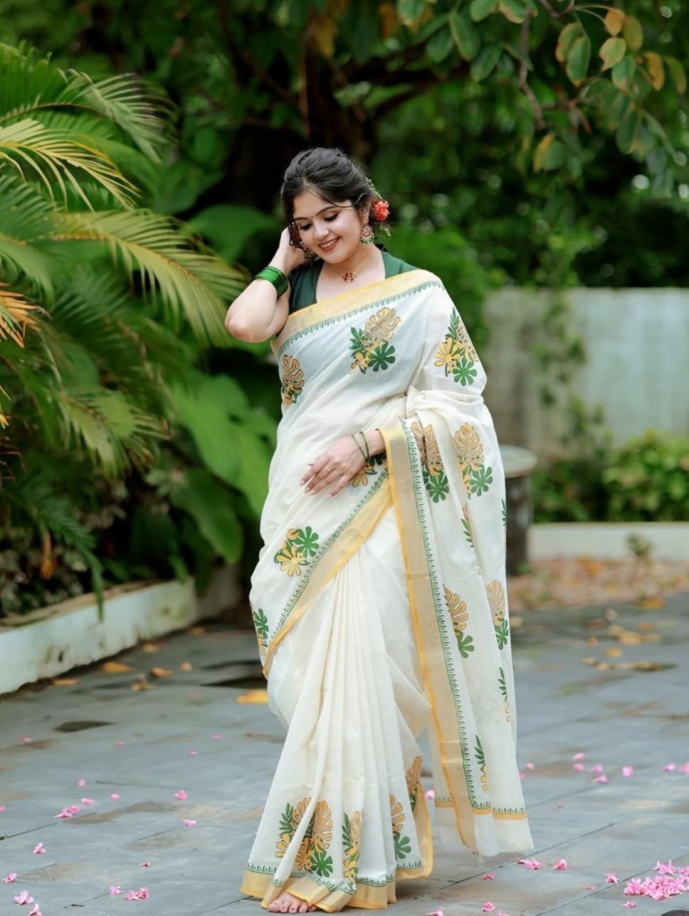 Premium Floral Printed Linen Saree Collection