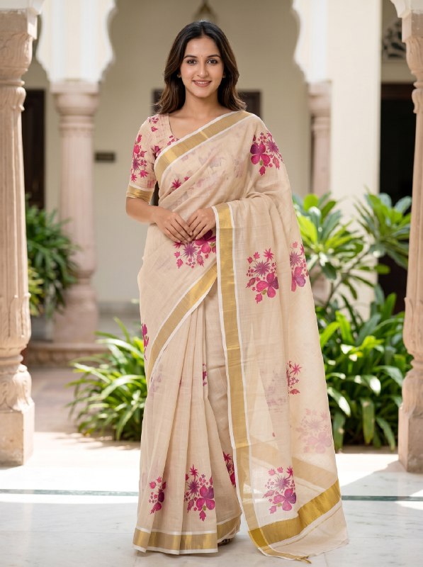 Premium Floral Linen Saree with Golden Jari Border