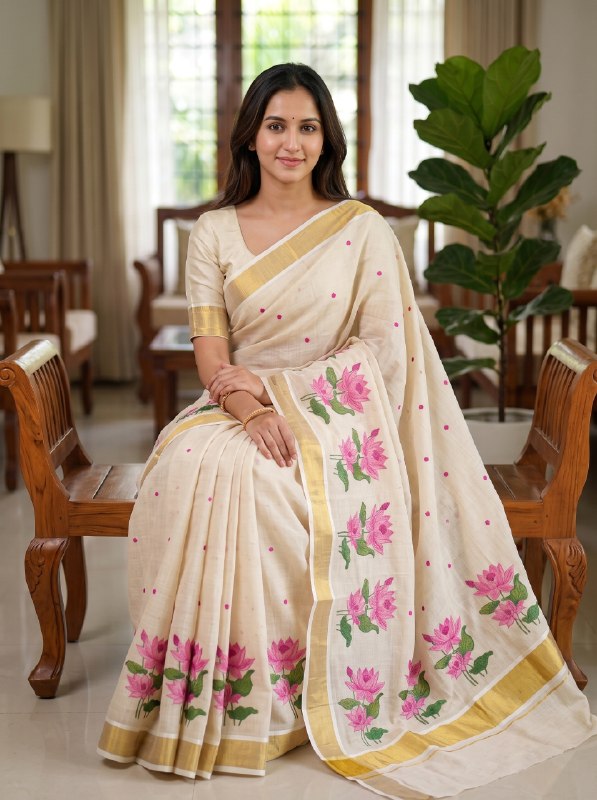 Premium Floral Linen Saree with Golden Jari Border