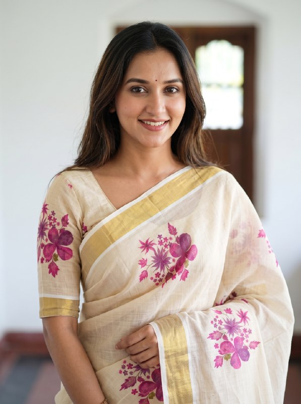 Premium Floral Linen Saree with Golden Jari Border