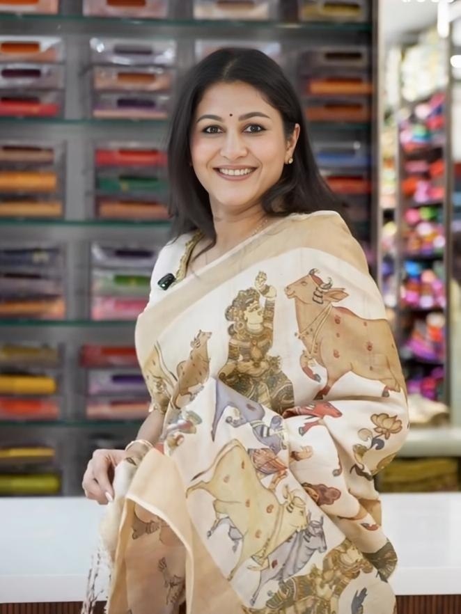 Premium Krishna Leela Digital Print Linen Saree with Traditional Beige Elegance