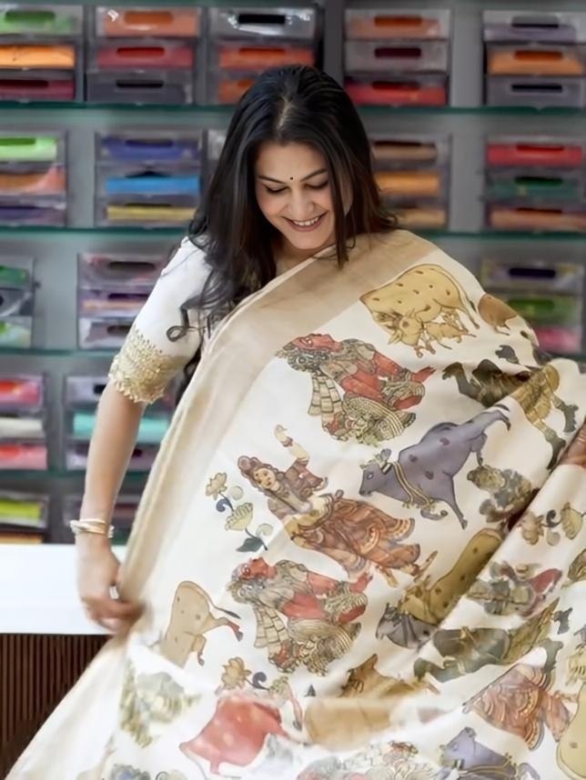 Premium Krishna Leela Digital Print Linen Saree with Traditional Beige Elegance