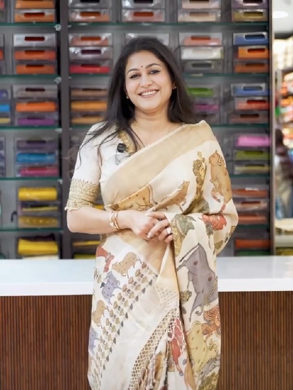Premium Krishna Leela Digital Print Linen Saree with Traditional Beige Elegance