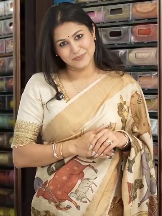 Premium Krishna Leela Digital Print Linen Saree with Traditional Beige Elegance