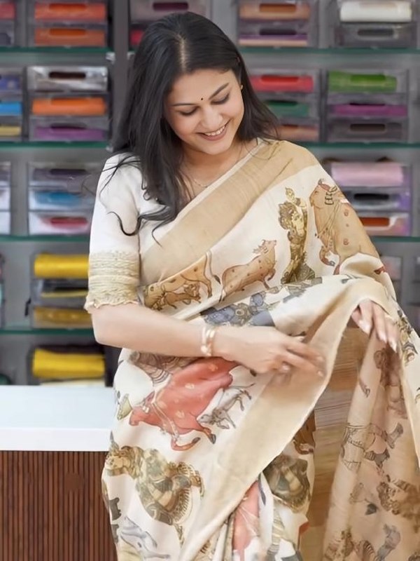 Premium Krishna Leela Digital Print Linen Saree with Traditional Beige Elegance