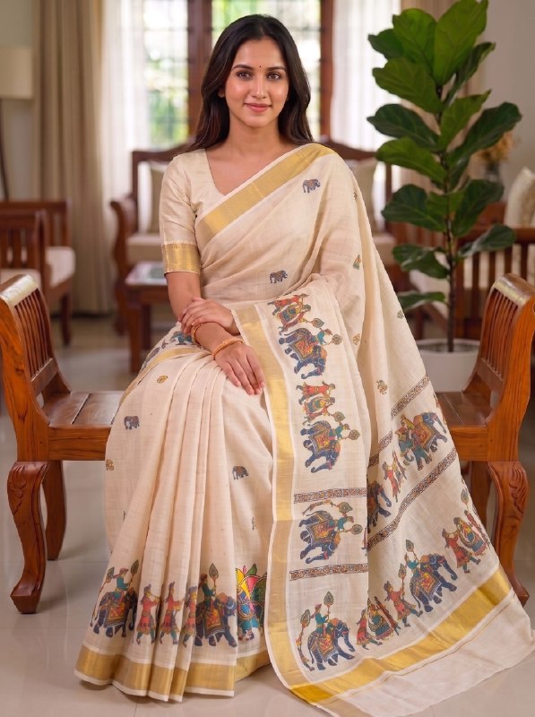 Premium Krishna Leela Digital Print Linen Saree with Traditional Beige Elegance