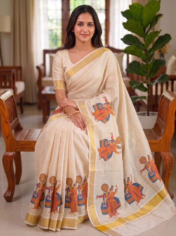 Premium Kerala Style Linen Digital Print Saree