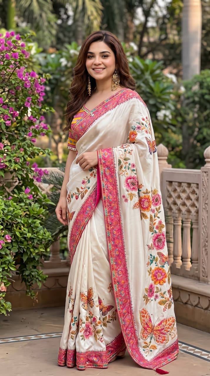 Premium Ivory Butterfly Embroidery Saree with Hot Pink & Teal Designer Border
