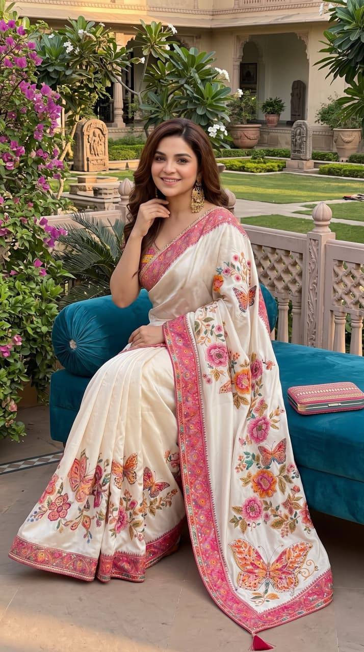 Premium Ivory Butterfly Embroidery Saree with Hot Pink & Teal Designer Border