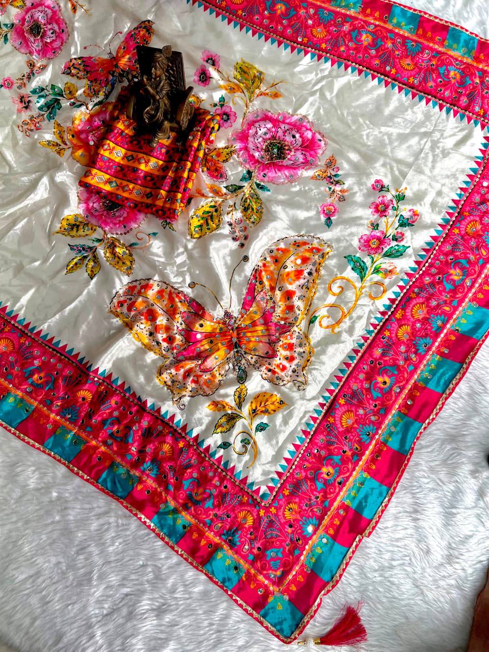 Premium Ivory Butterfly Embroidery Saree with Hot Pink & Teal Designer Border